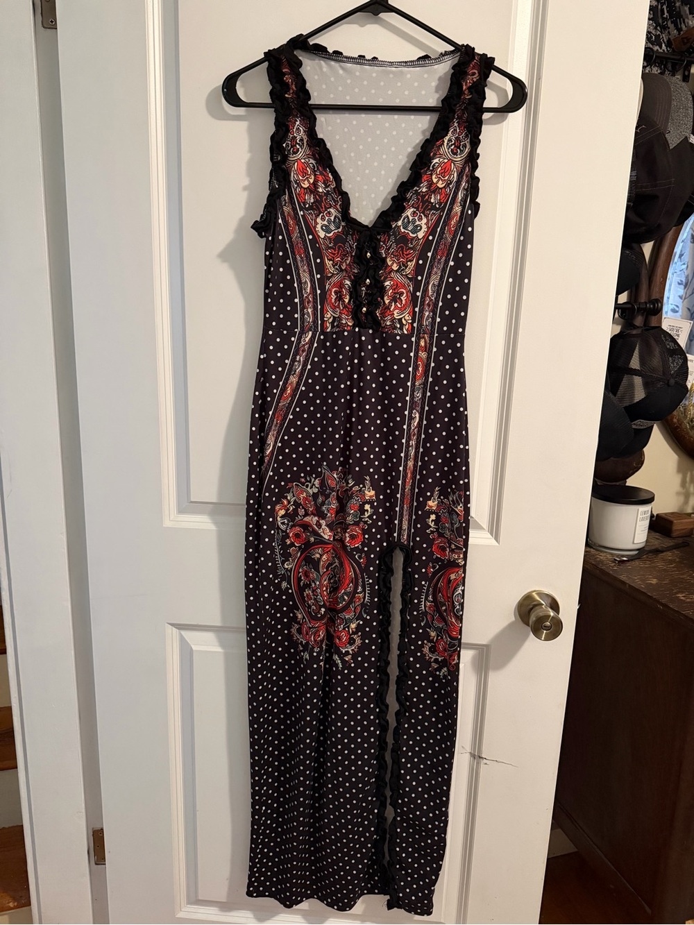 SHEIN Black Maxi Dress with Red Floral & White Polka Dots
